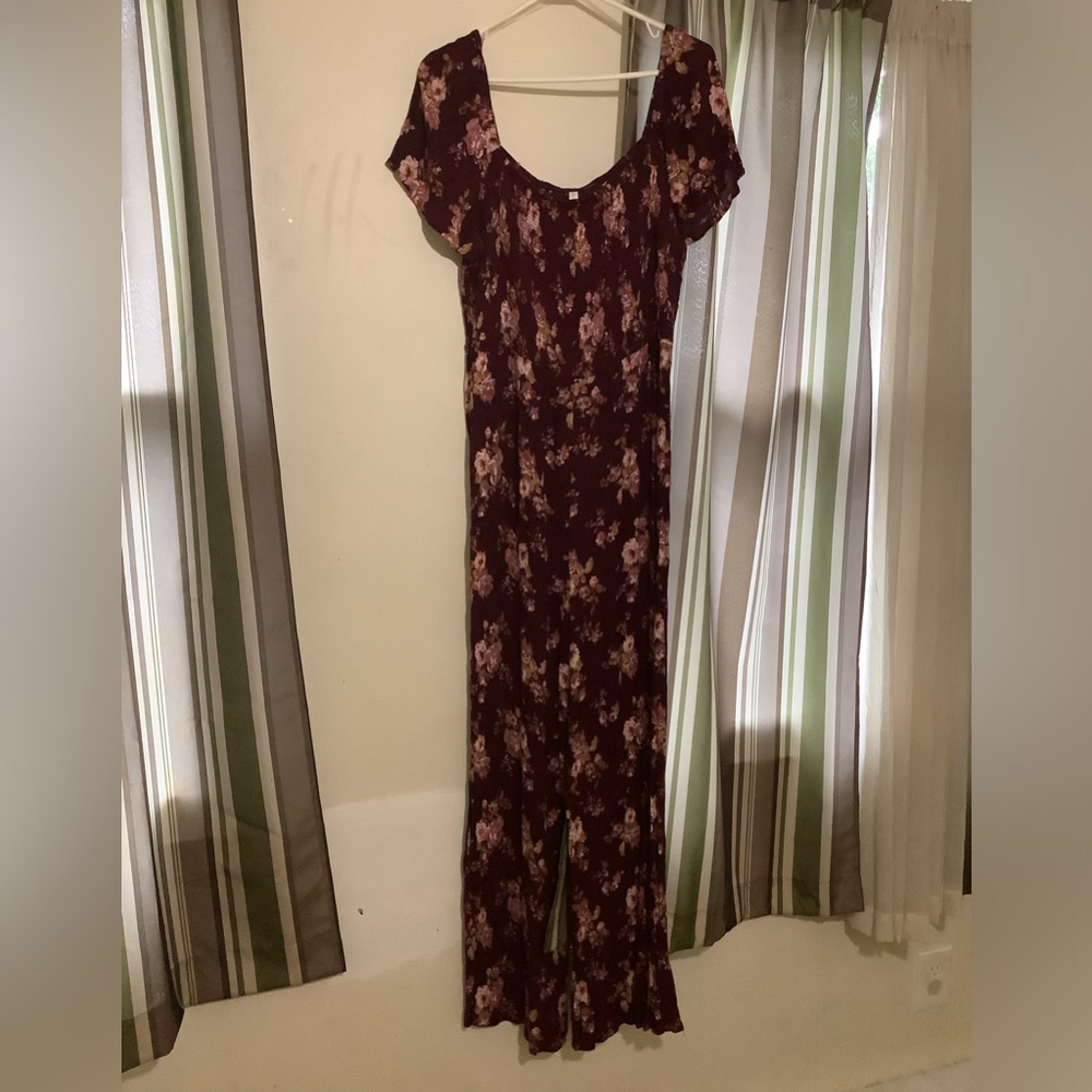 Xhilaration XL jumpsuit burgundy floral rayon - Picture 4 of 8